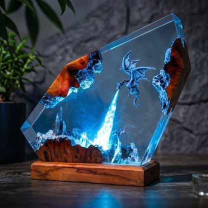 Handmade Ice Dragon Resin Night Light - Fantasy Castle Diorama
