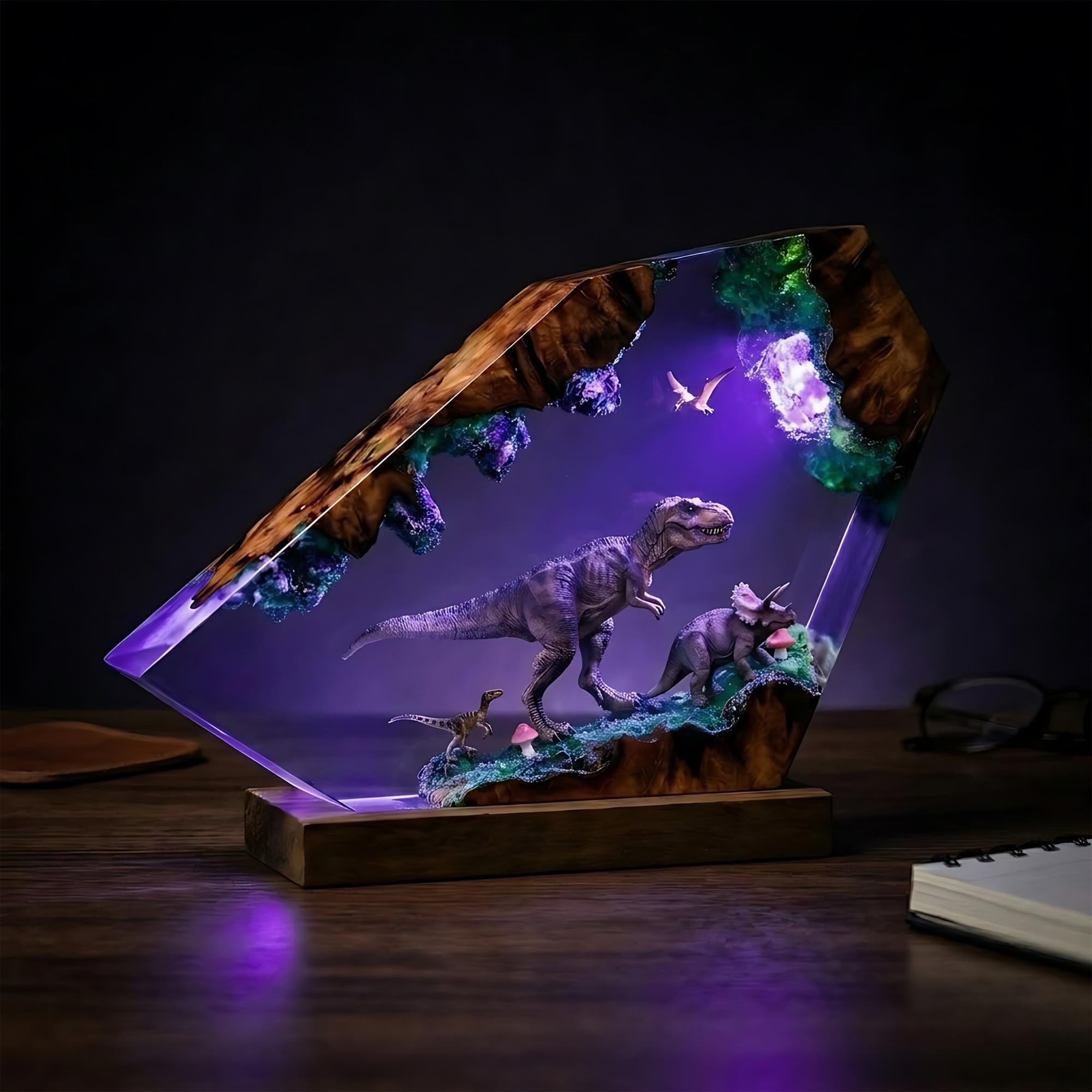 T-Rex & Triceratops Epoxy Resin Night Light | Dinosaur Wood Lamp