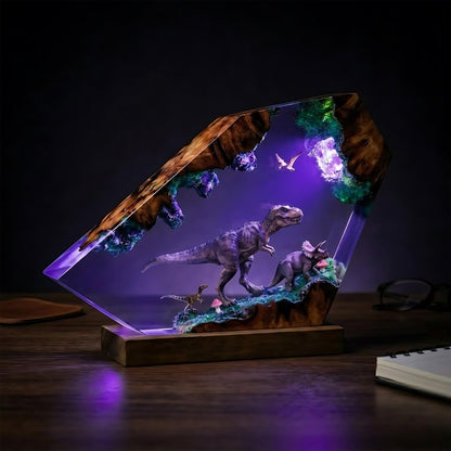 T-Rex & Triceratops Epoxy Resin Night Light | Dinosaur Wood Lamp