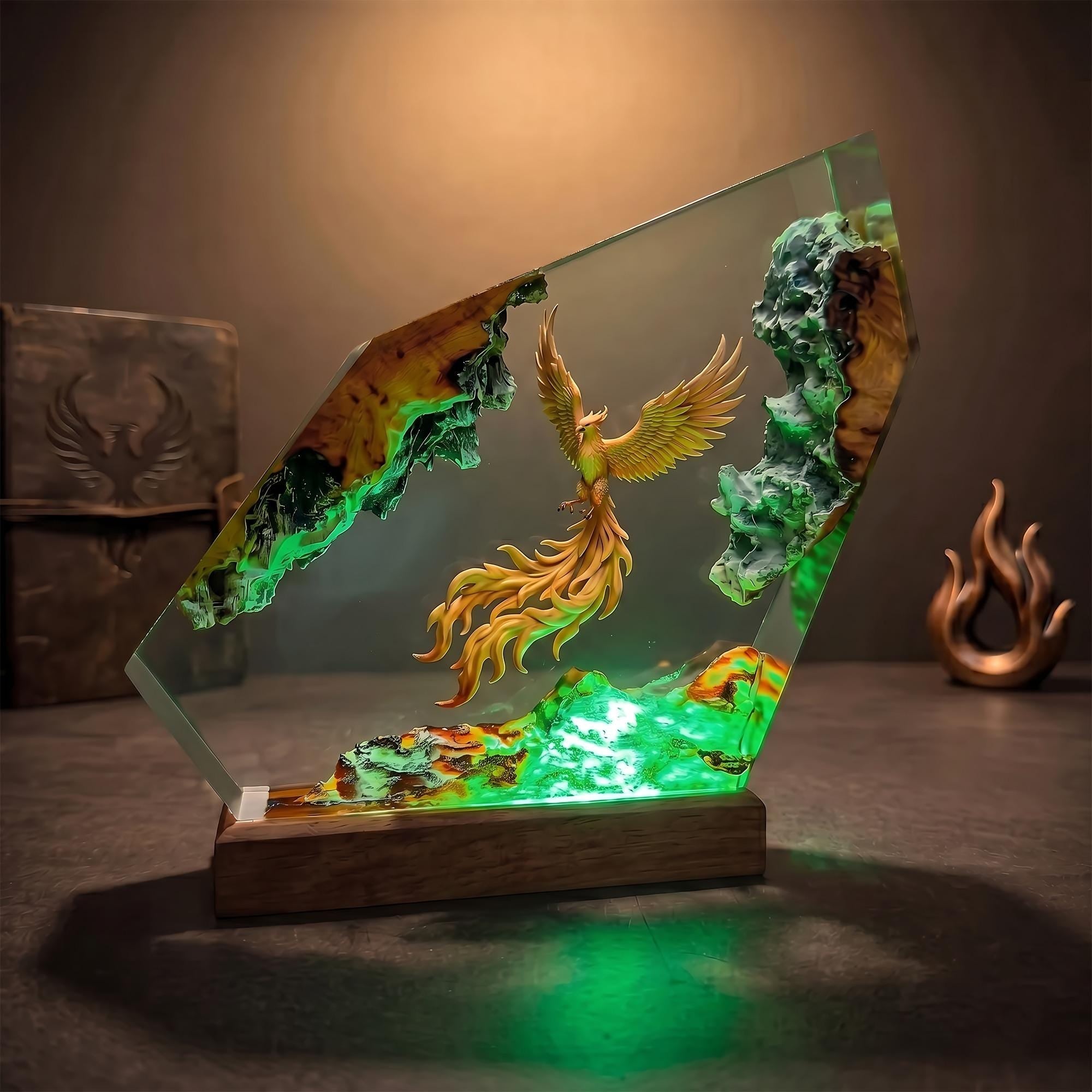 Epic Golden Phoenix Lava Resin Wood Lamp - Unique Fantasy Gift