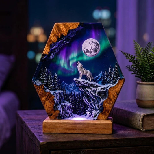 Hexagon Howling Wolf Full Moon Aurora Epoxy Resin Night Light