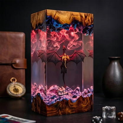 Epic Winged Black Dragon Resin Wood Lamp - Unique Fantasy Gift