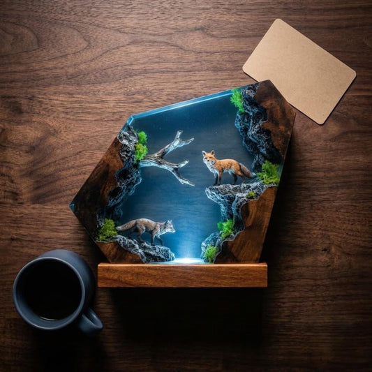 Nature Inspired Fox Resin Wood Lamp - Unique Table Centerpiece