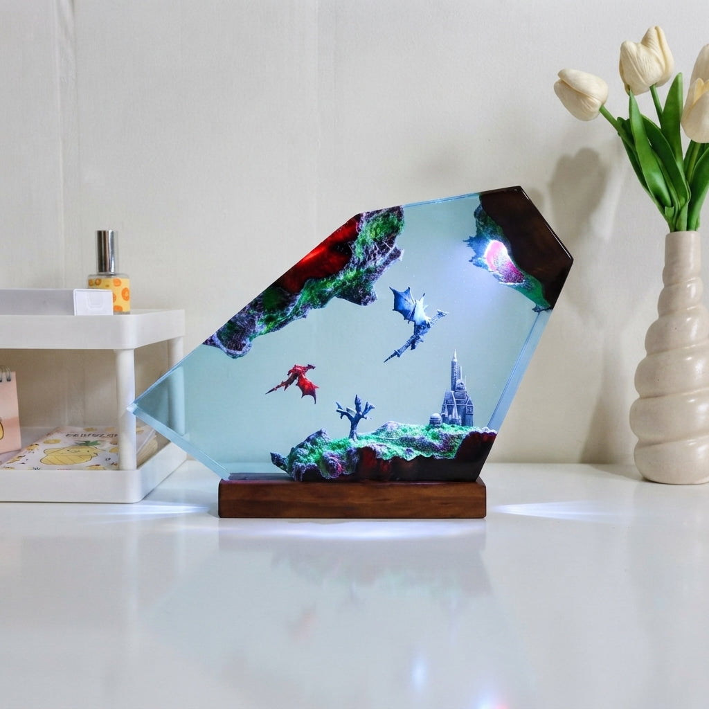 Flying Dragons Over Castle Epoxy Resin Lamp.