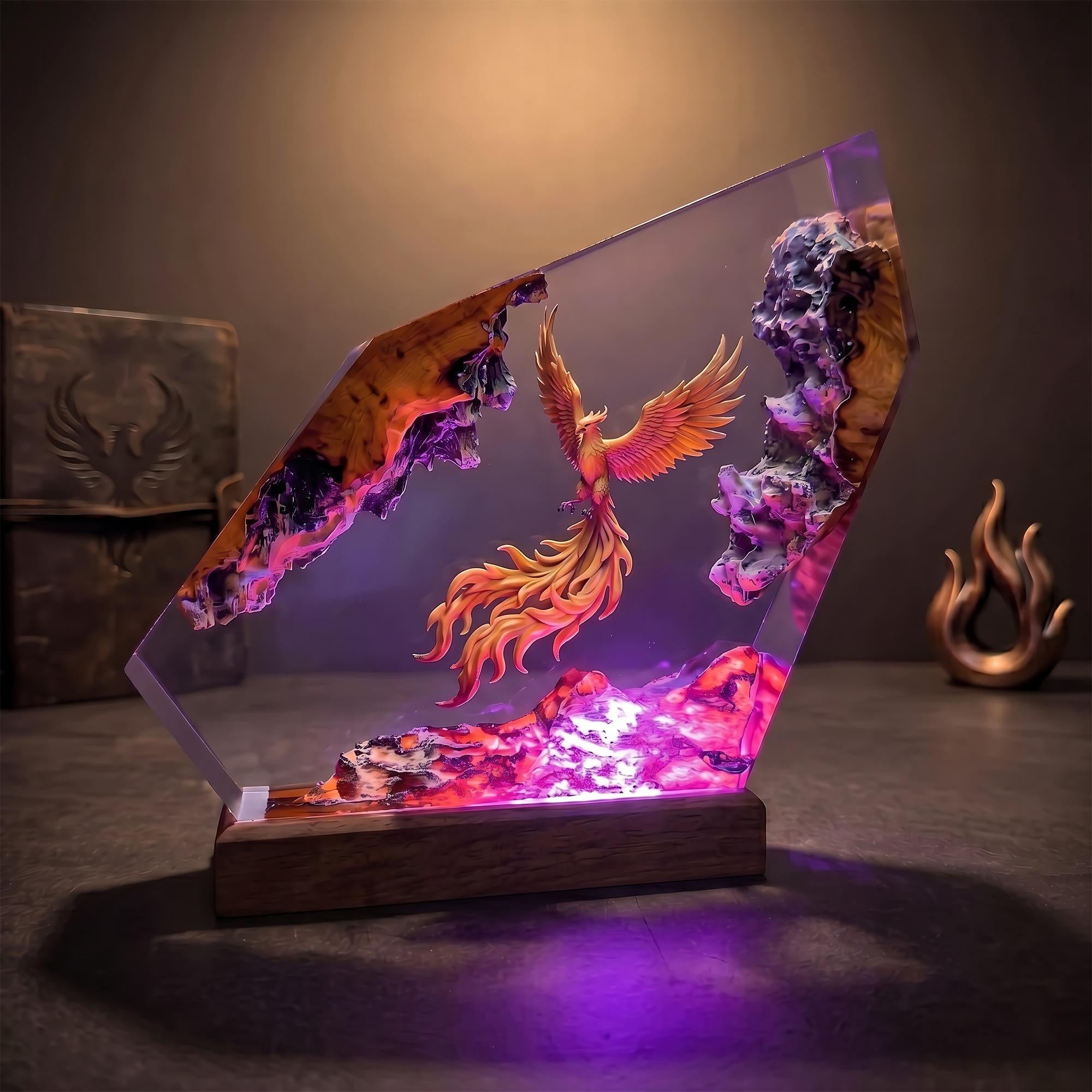 Epic Golden Phoenix Lava Resin Wood Lamp - Unique Fantasy Gift