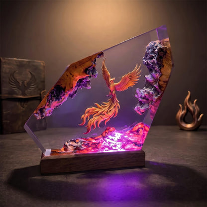 Epic Golden Phoenix Lava Resin Wood Lamp - Unique Fantasy Gift