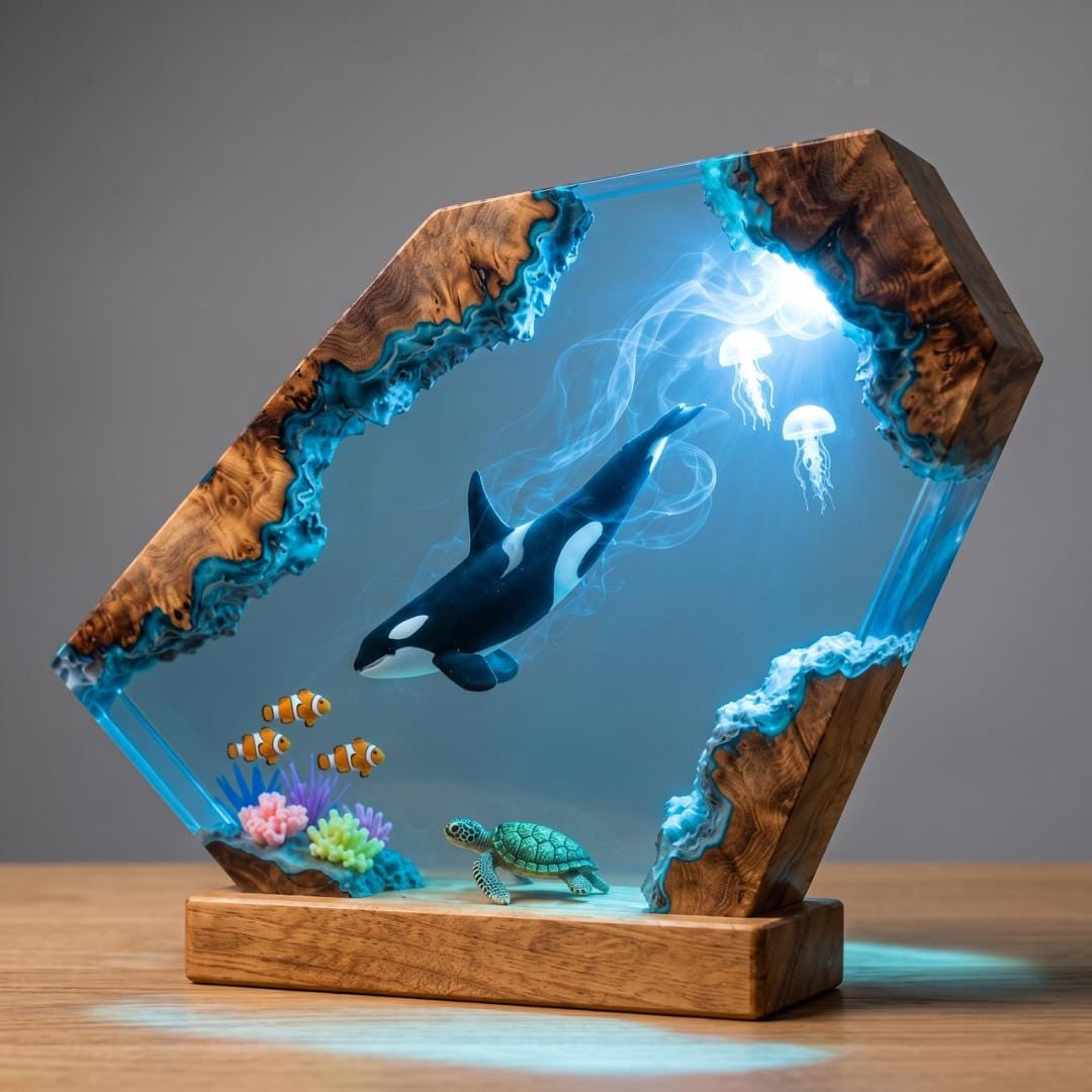 Orca Killer Whale & Jellyfish Geometric Epoxy Resin Night Light