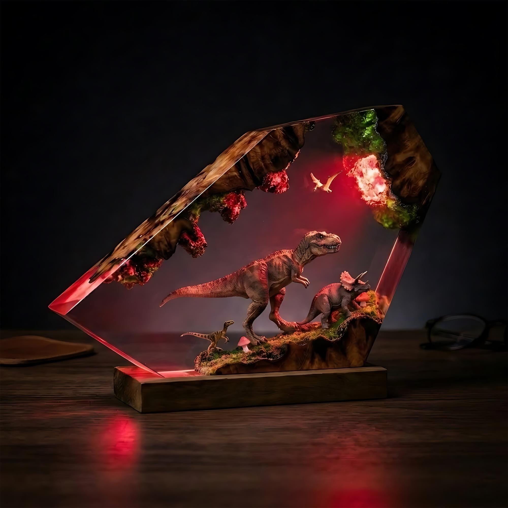T-Rex & Triceratops Epoxy Resin Night Light | Dinosaur Wood Lamp