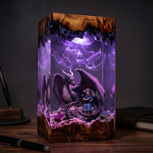 Dragon & Reading Girl Fairytale Epoxy Resin Night Light Lamp