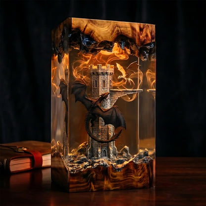 Handmade Dual Dragon Resin Night Light - Gothic Tower Diorama