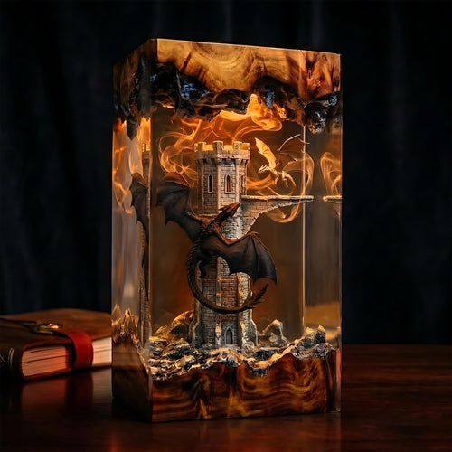 Handmade Dual Dragon Resin Night Light - Gothic Tower Diorama