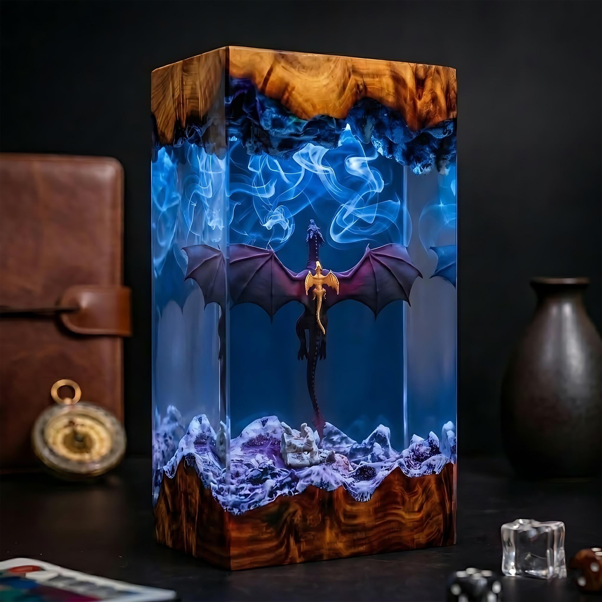 Epic Winged Black Dragon Resin Wood Lamp - Unique Fantasy Gift