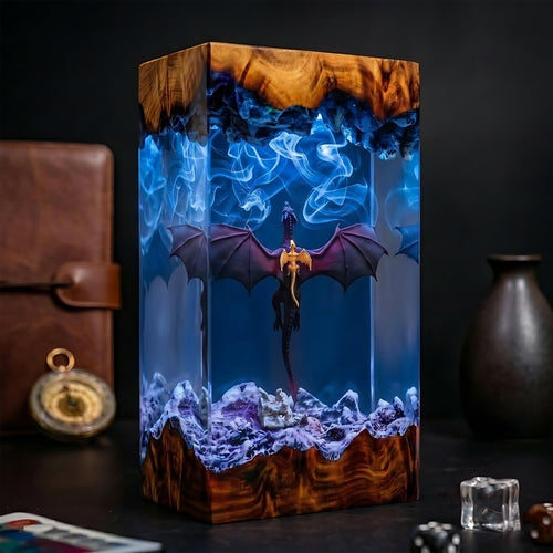 Epic Winged Black Dragon Resin Wood Lamp - Unique Fantasy Gift