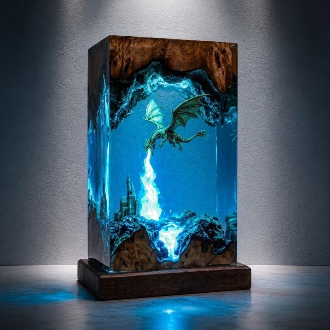 Fire Breathing Golden Dragon & Castle Epoxy Resin Night Light