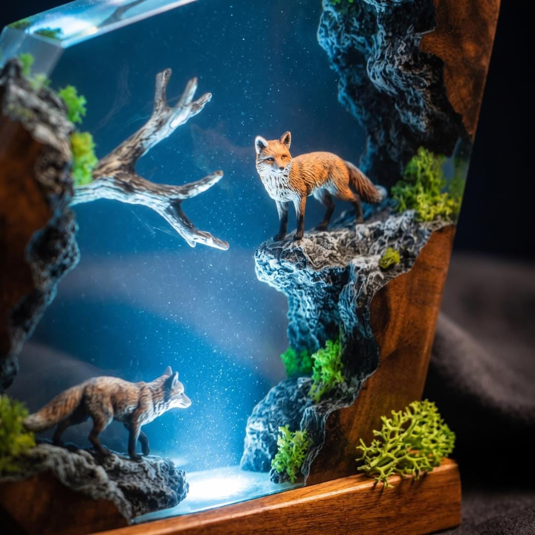 Nature Inspired Fox Resin Wood Lamp - Unique Table Centerpiece