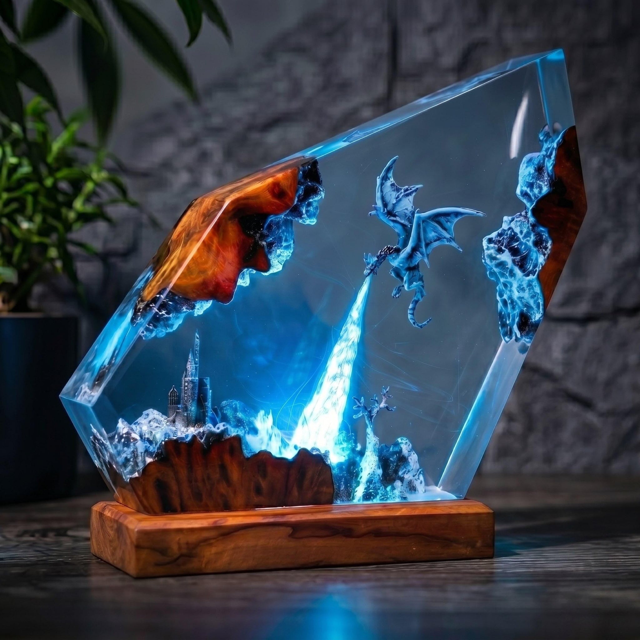Handmade Ice Dragon Resin Night Light - Fantasy Castle Diorama