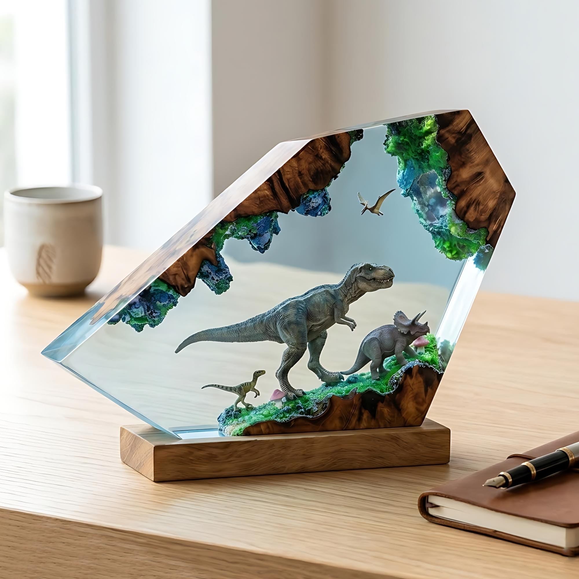 T-Rex & Triceratops Epoxy Resin Night Light | Dinosaur Wood Lamp