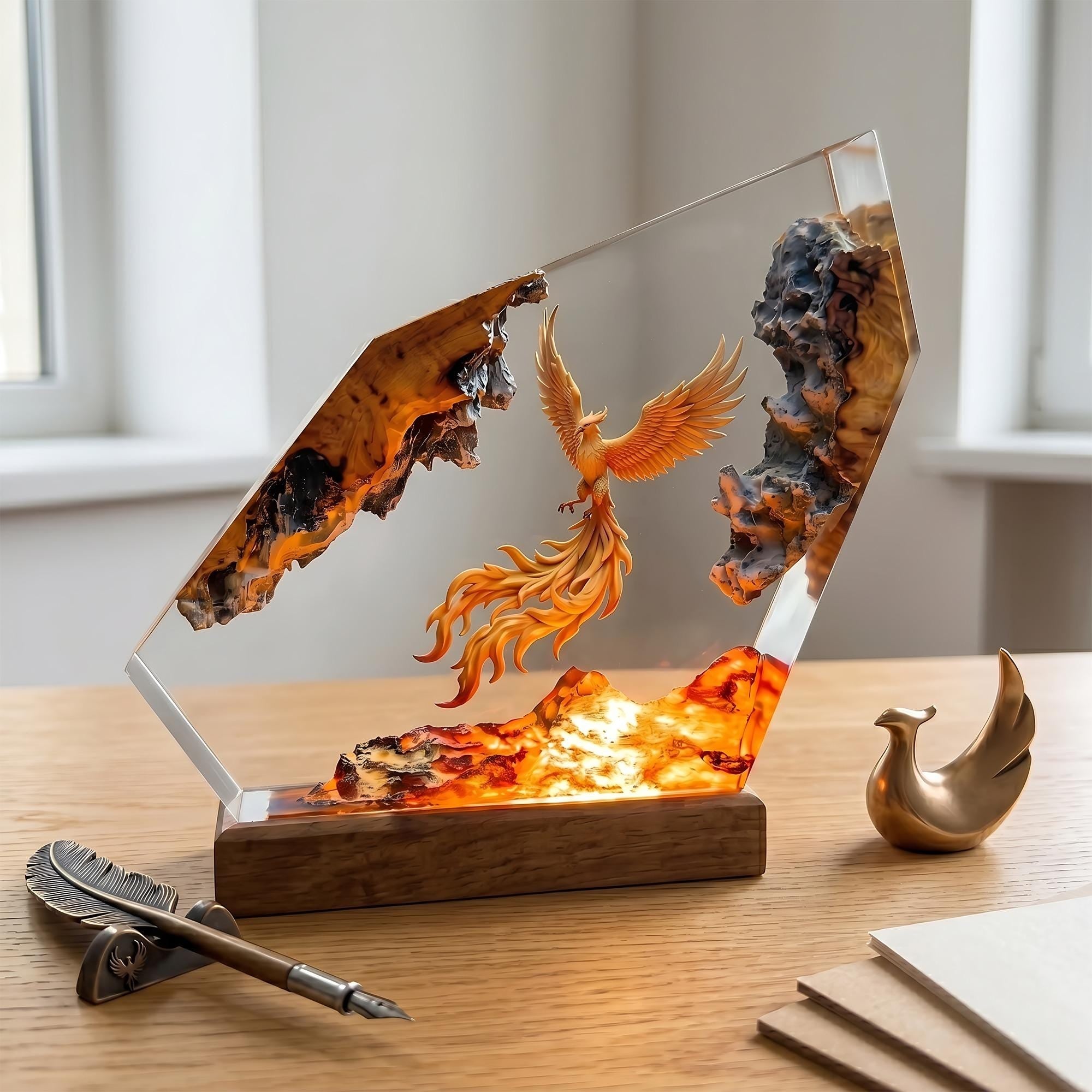 Epic Golden Phoenix Lava Resin Wood Lamp - Unique Fantasy Gift
