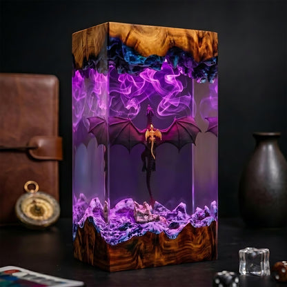 Epic Winged Black Dragon Resin Wood Lamp - Unique Fantasy Gift