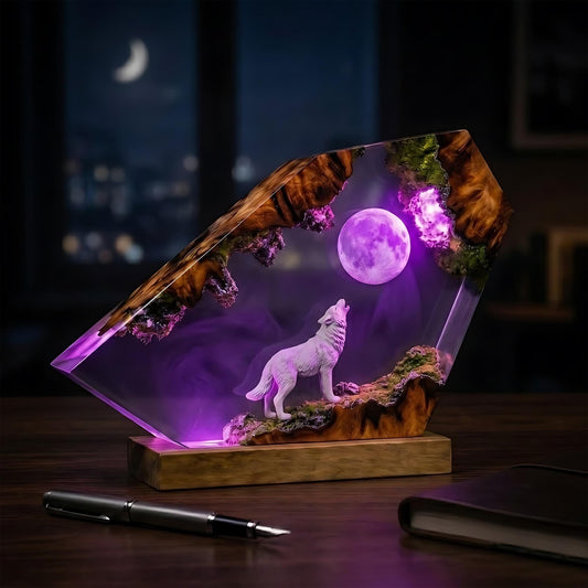 Handmade Wolf Resin Night Light - Glowing Full Moon Diorama