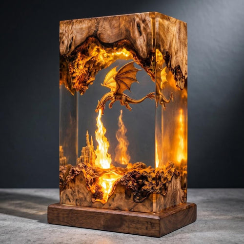 Fire Breathing Golden Dragon & Castle Epoxy Resin Night Light