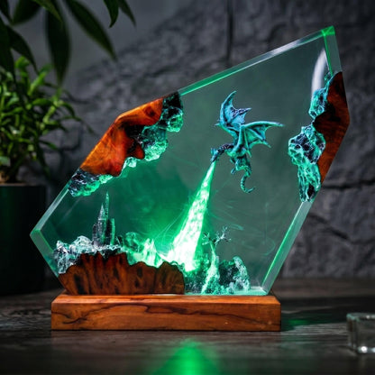 Handmade Ice Dragon Resin Night Light - Fantasy Castle Diorama