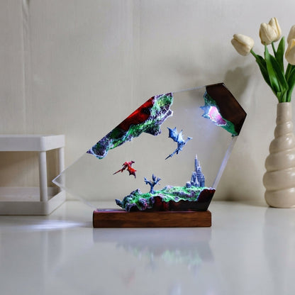 Flying Dragons Over Castle Epoxy Resin Lamp.