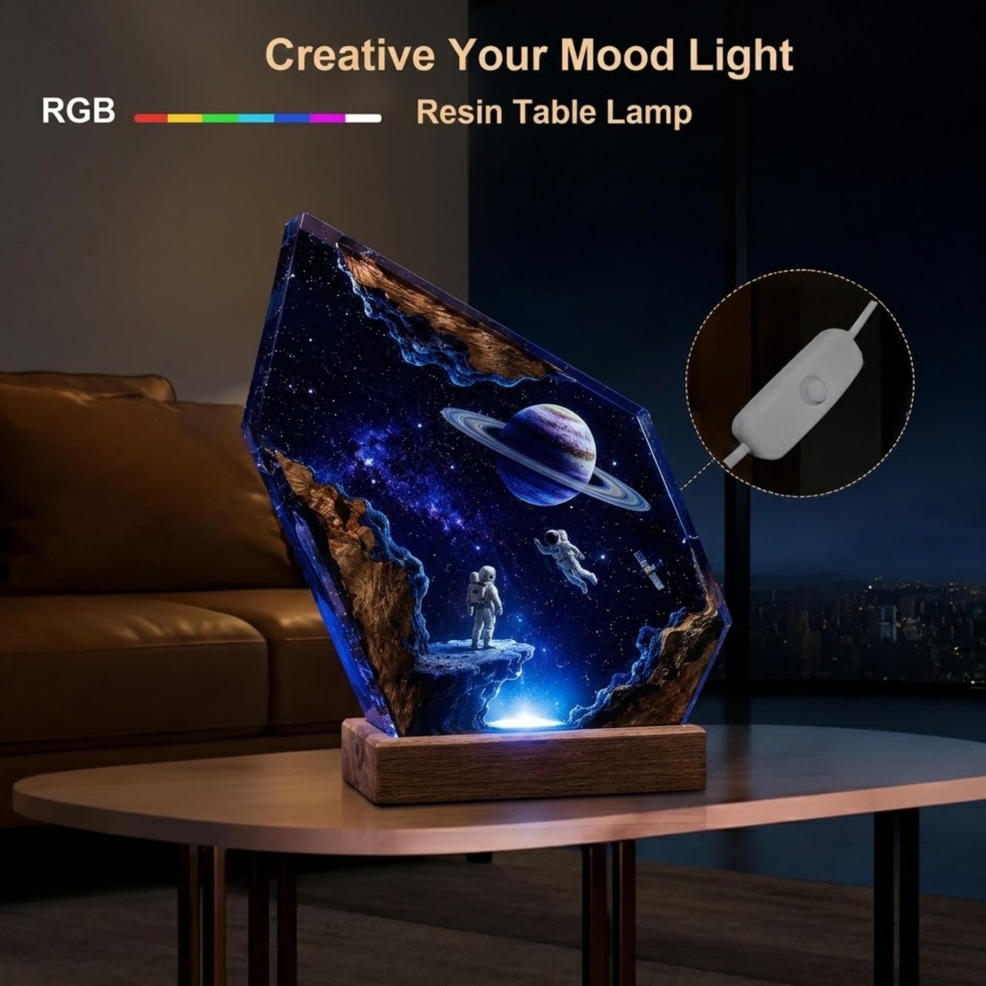 Astronaut & Saturn Planet Geometric Epoxy Resin Night Light