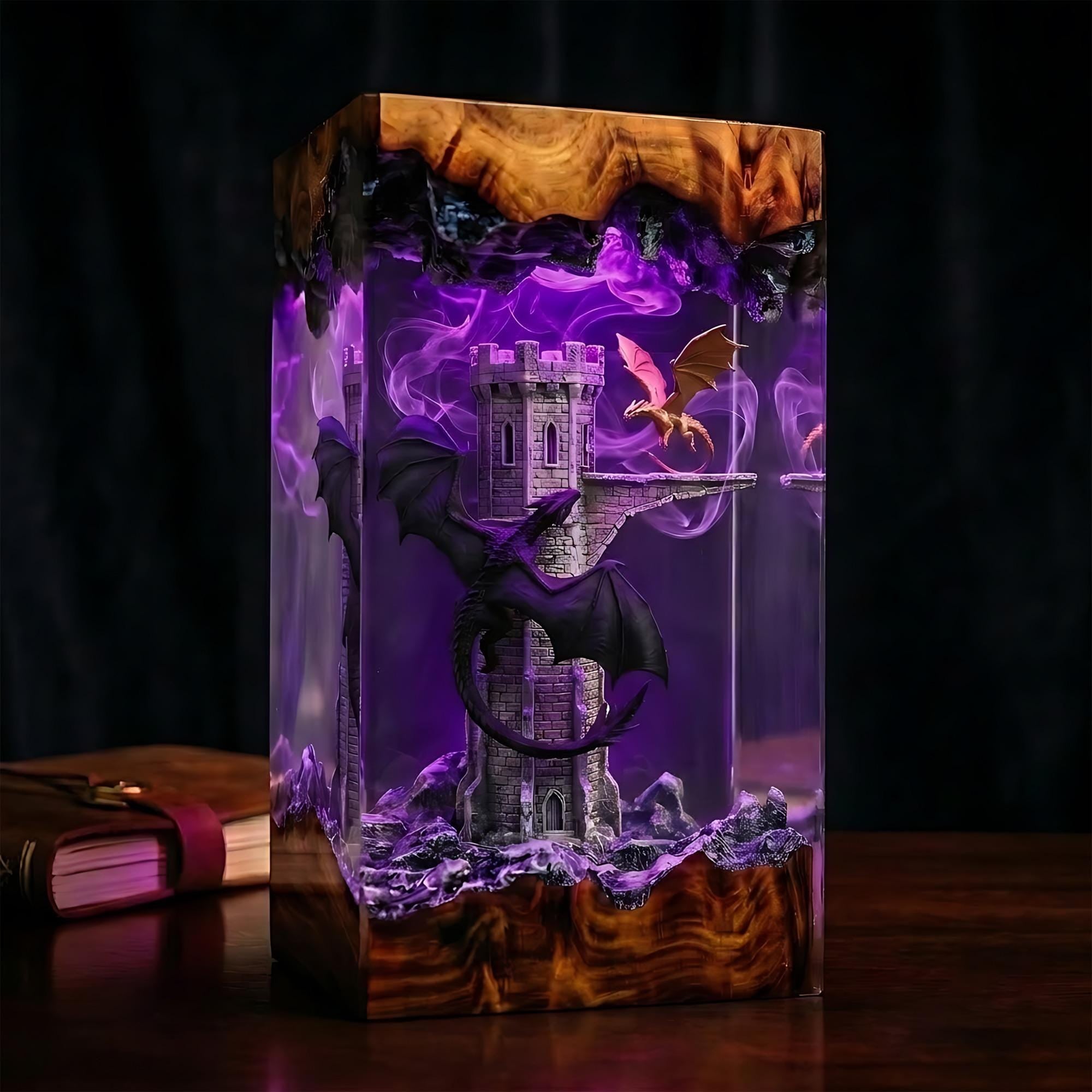 Handmade Dual Dragon Resin Night Light - Gothic Tower Diorama