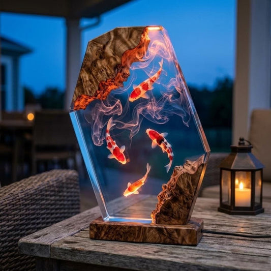 Handmade 4 Koi Fish Resin Night Light - Swirling Water Diorama