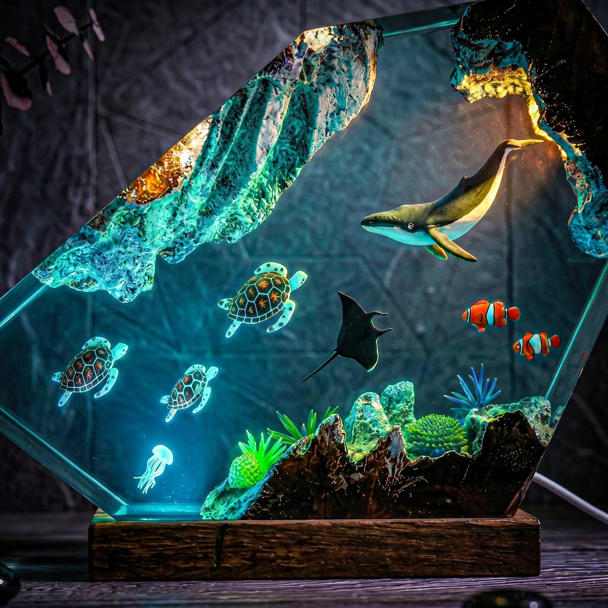 Humpback Whale & Sea Turtle Geometric Epoxy Resin Night Light