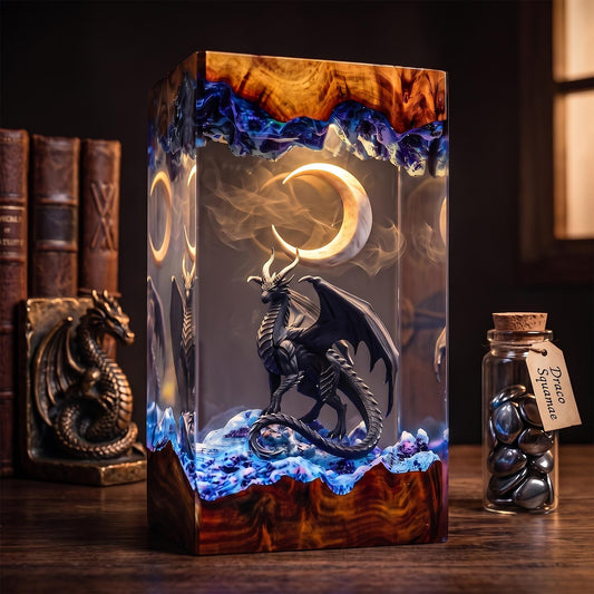 Black Dragon & Crescent Moon Midnight Epoxy Resin Night Light