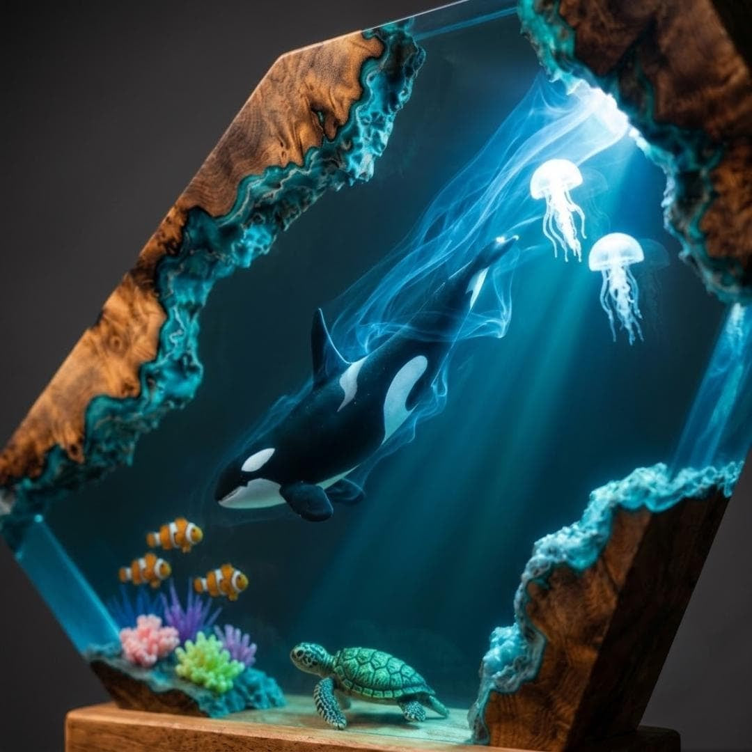 Orca Killer Whale & Jellyfish Geometric Epoxy Resin Night Light