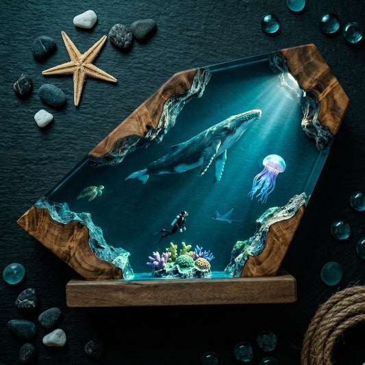 Scuba Diver & Humpback Whale Geometric Epoxy Resin Night Light