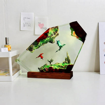 Flying Dragons Over Castle Epoxy Resin Lamp.