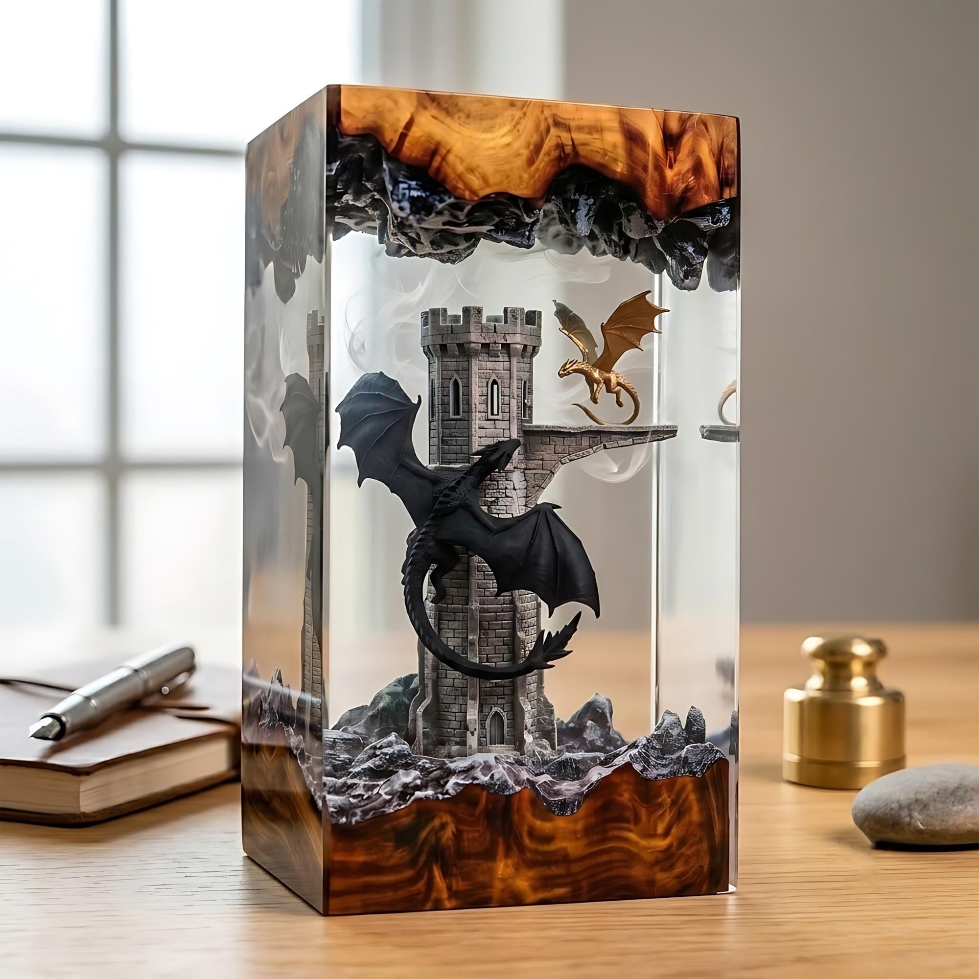 Handmade Dual Dragon Resin Night Light - Gothic Tower Diorama