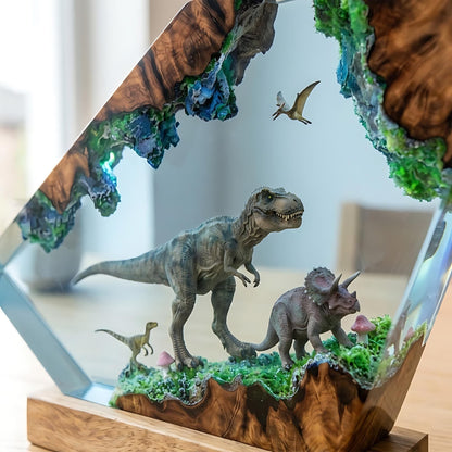 T-Rex & Triceratops Epoxy Resin Night Light | Dinosaur Wood Lamp