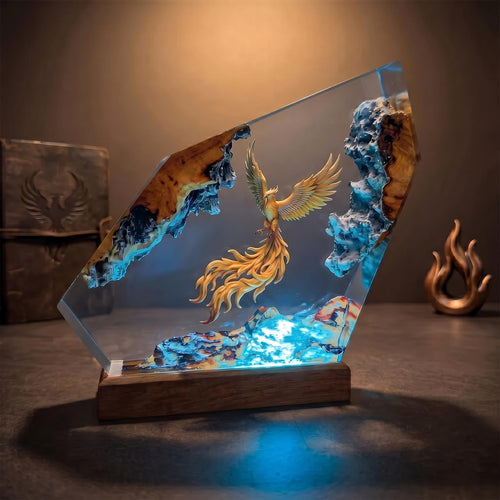 Epic Golden Phoenix Lava Resin Wood Lamp - Unique Fantasy Gift