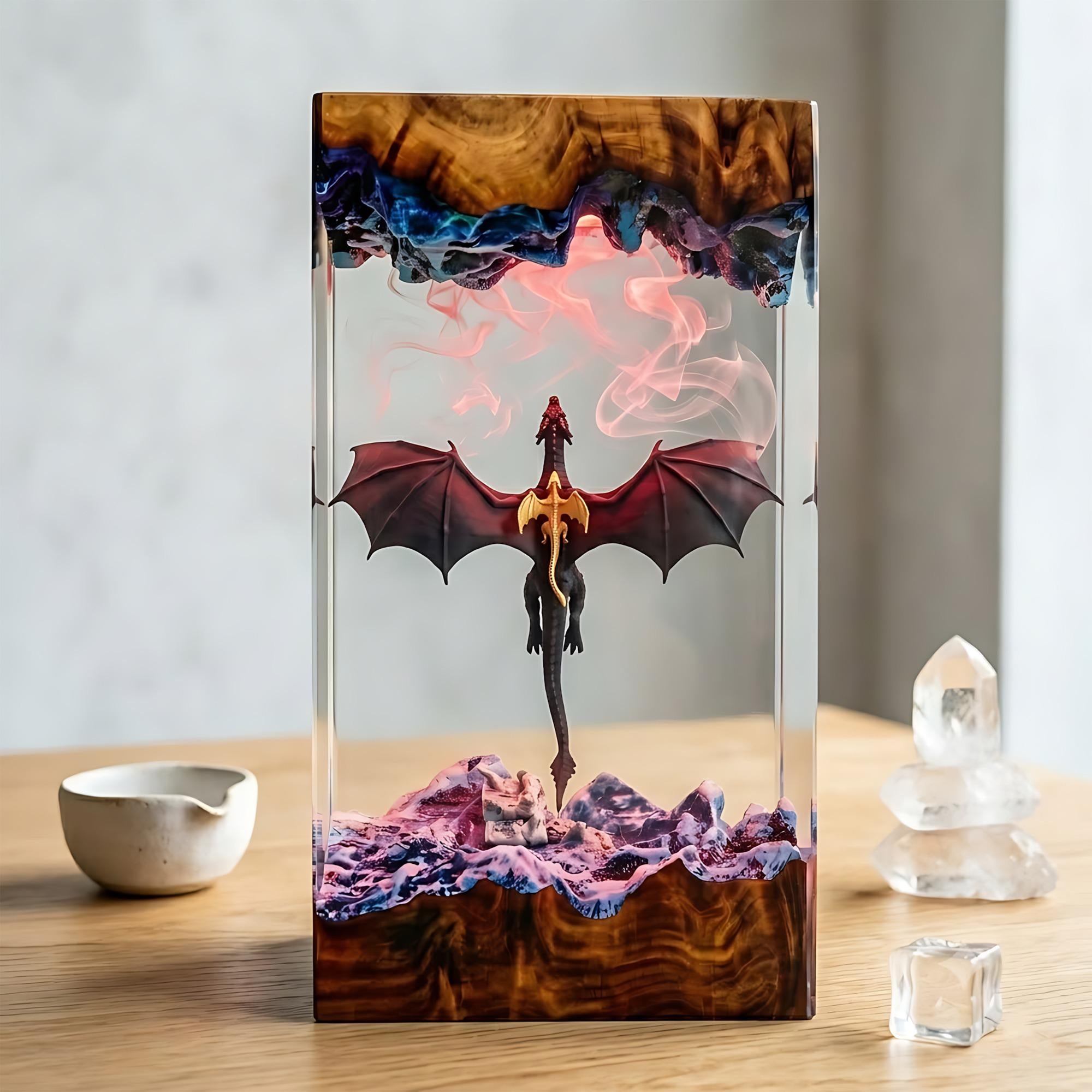 Epic Winged Black Dragon Resin Wood Lamp - Unique Fantasy Gift