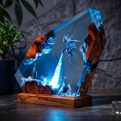 Handmade Ice Dragon Resin Night Light - Fantasy Castle Diorama