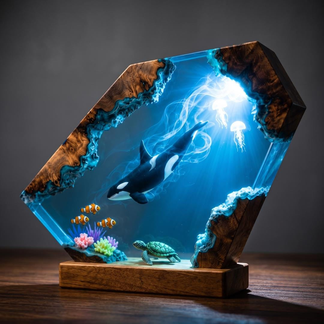 Orca Killer Whale & Jellyfish Geometric Epoxy Resin Night Light