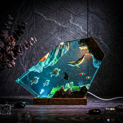 Humpback Whale & Sea Turtle Geometric Epoxy Resin Night Light