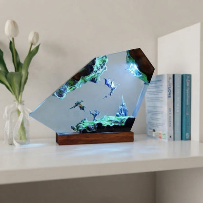 Flying Dragons Over Castle Epoxy Resin Lamp.