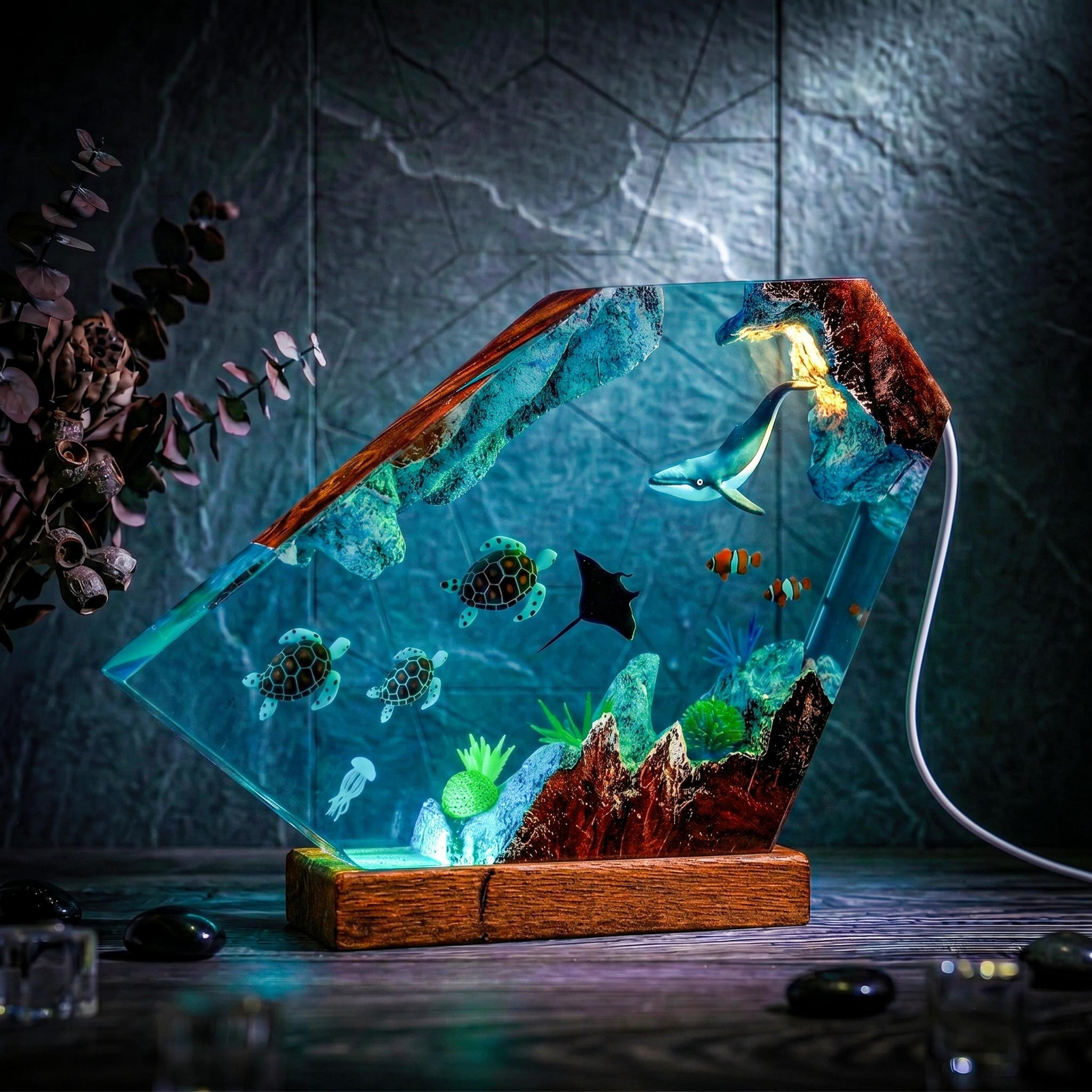 Humpback Whale & Sea Turtle Geometric Epoxy Resin Night Light