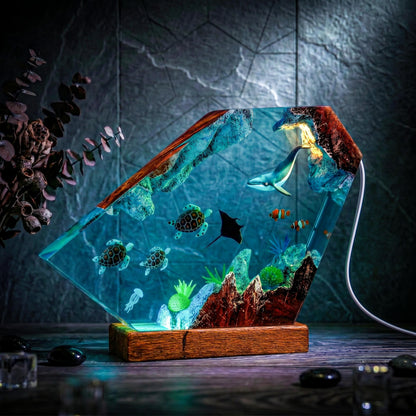 Humpback Whale & Sea Turtle Geometric Epoxy Resin Night Light