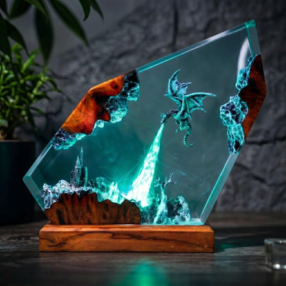 Handmade Ice Dragon Resin Night Light - Fantasy Castle Diorama