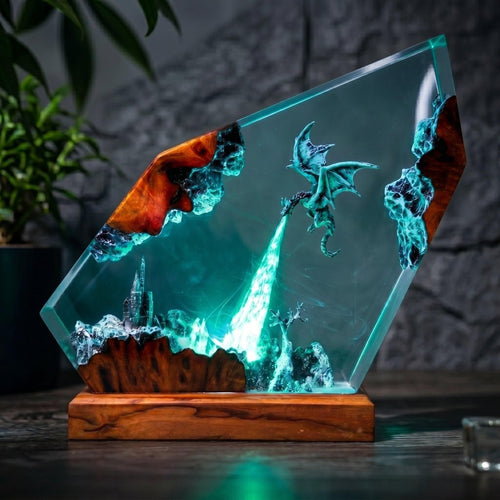 Handmade Ice Dragon Resin Night Light - Fantasy Castle Diorama