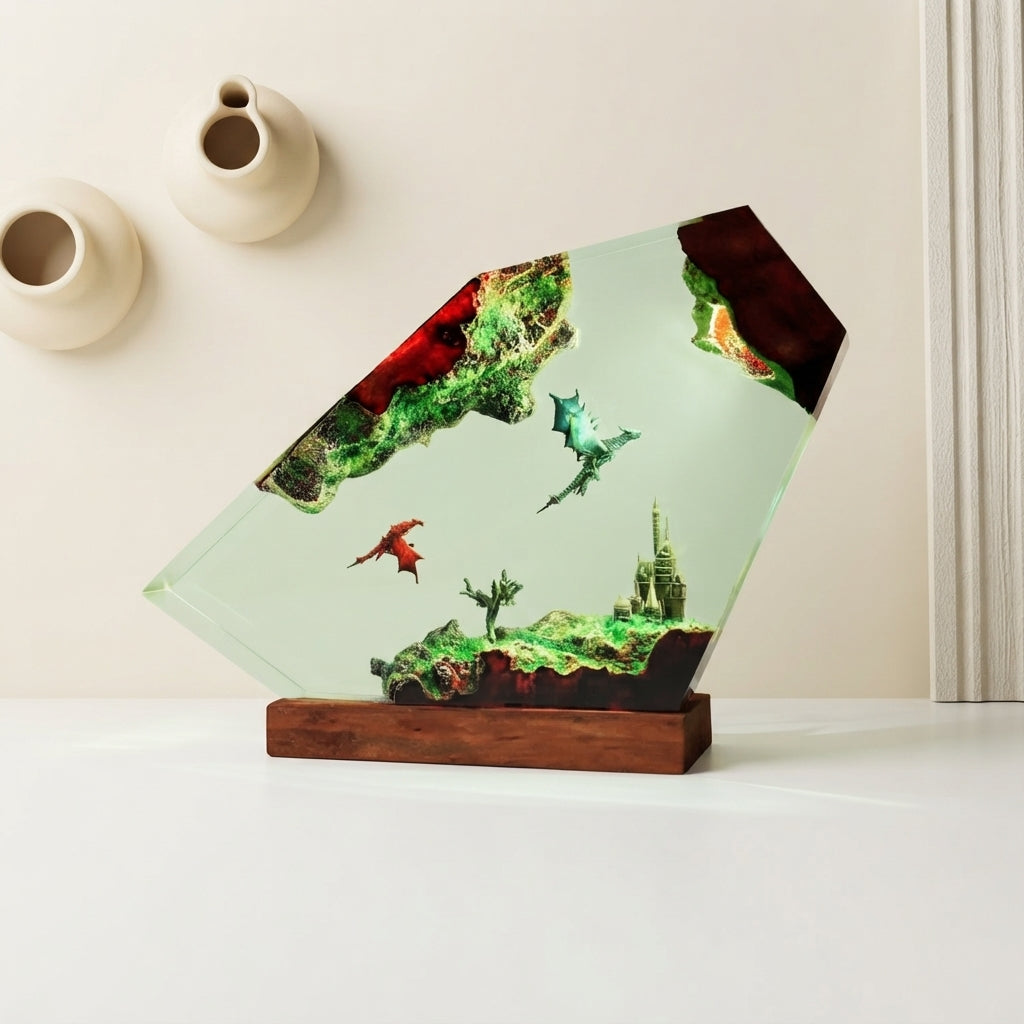 Flying Dragons Over Castle Epoxy Resin Lamp.