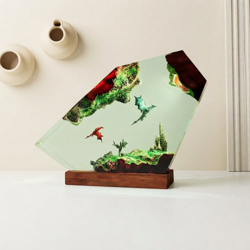 Flying Dragons Over Castle Epoxy Resin Lamp.