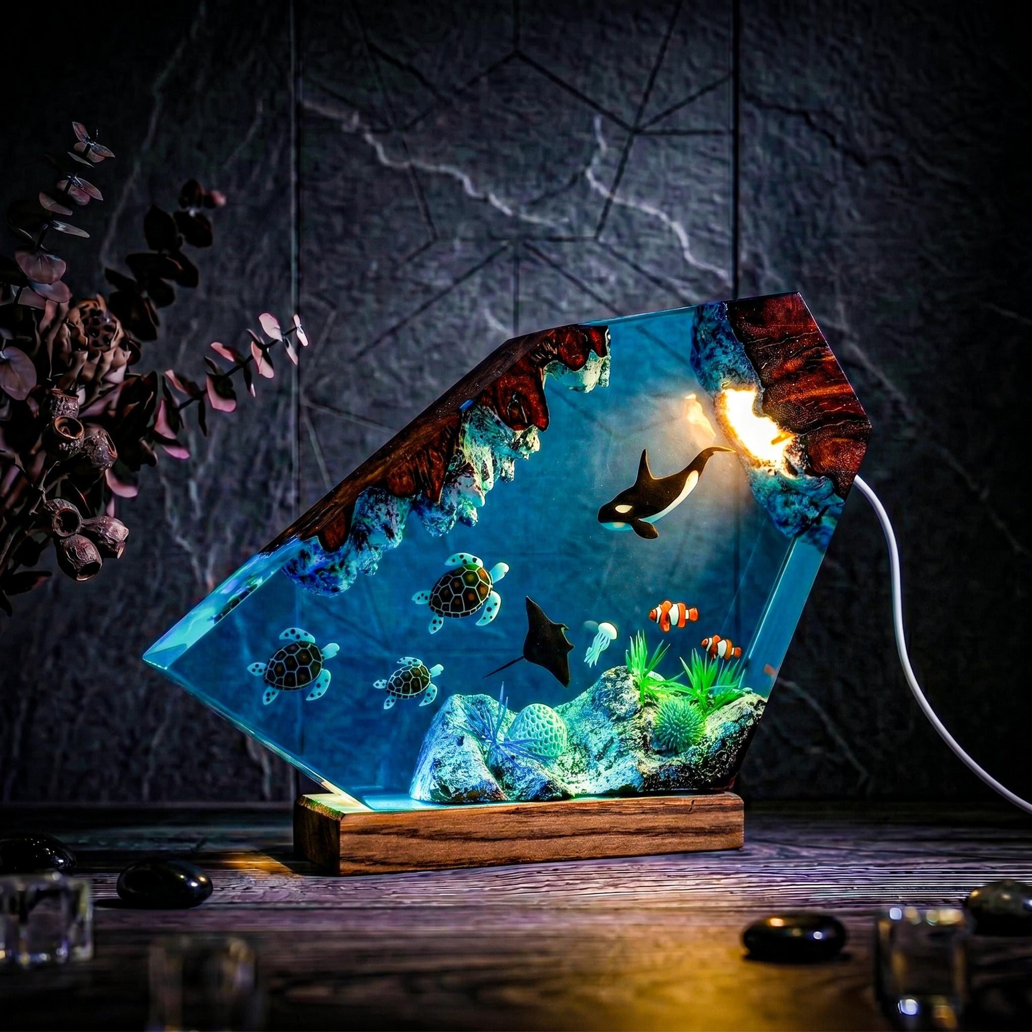 Humpback Whale & Sea Turtle Geometric Epoxy Resin Night Light